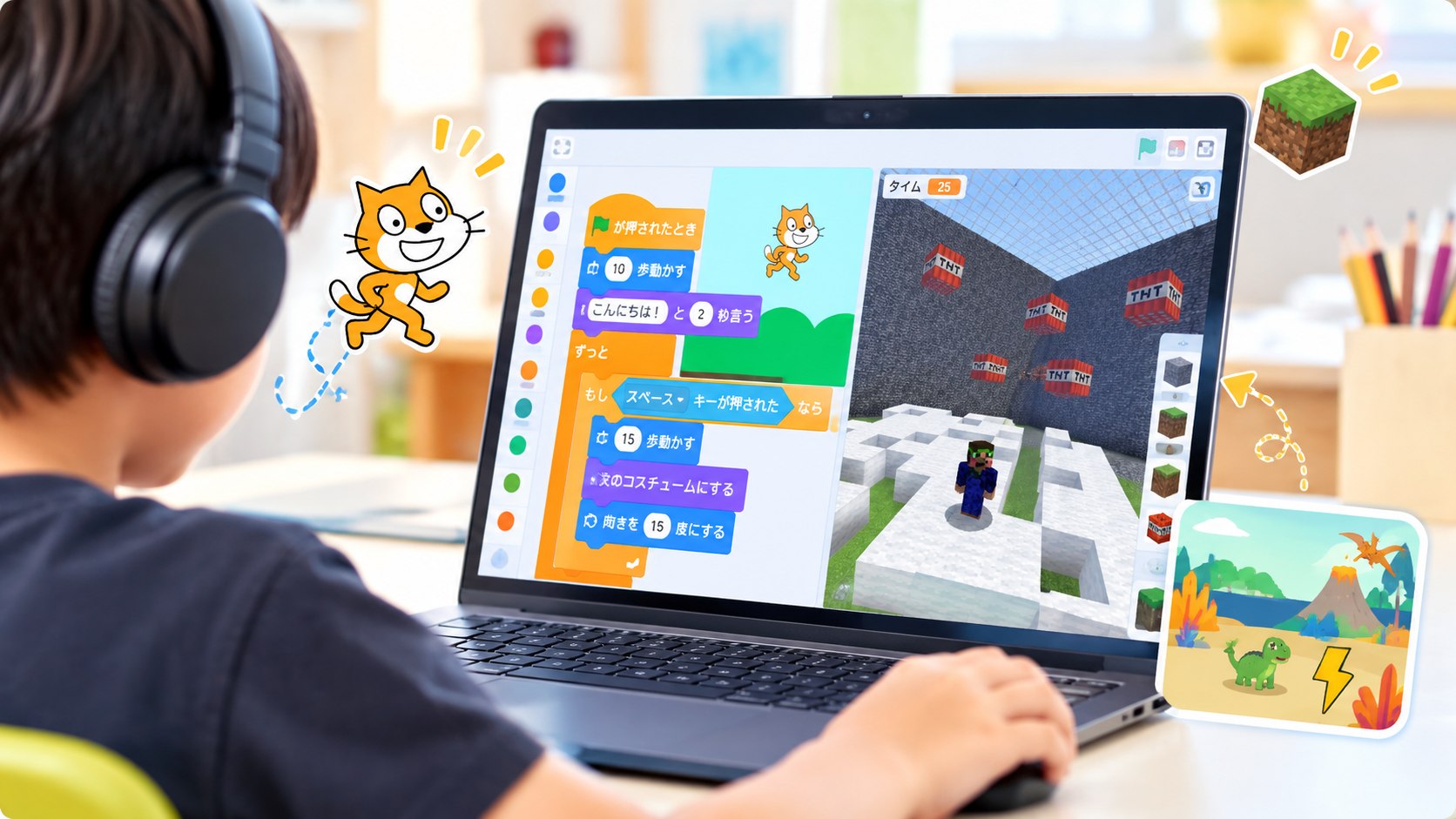 ビジュアルプログラミングのイメージ画像(ブロックプログラミングとマインクラフト風の画面に向かう子ども)